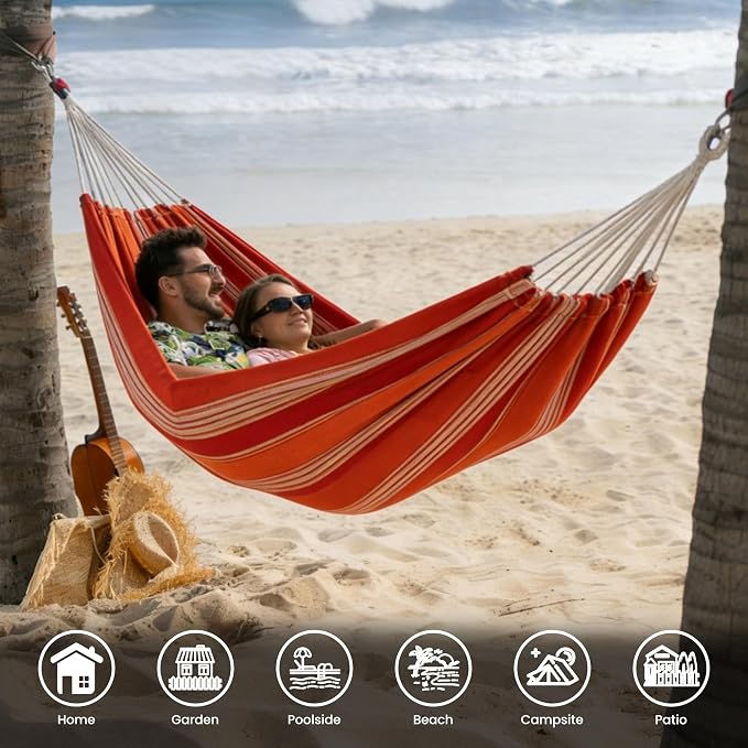 Lazy Daze Hammocks Double Brazilian Cotton Hammock, Extra Large Portable Outdoor Camping Hammock with Tree Straps & Travel Bag for Backyard Patio Poolside Indoor, 550lbs Capacity, Red Stripe - Image 2
