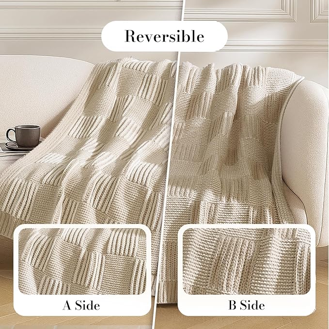 Amélie Home Knit Throw Blanket, Soft Chenille Cozy Breathable Pineapple Chunky Decorative Blanket for Couch, Bed & Sofa, French-Inspired Lightweight Warm Gift for Women, Beige, 50"x60"