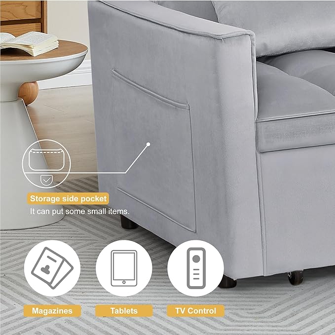 Convertible Sofa Bed, Love Seat Sleeper Bed with Side Pockets, 3 in 1 Velvet Fabric Pull Out Couch with Adjustable Backrest for Living Room, Bedroom, Apartment, Light Gray