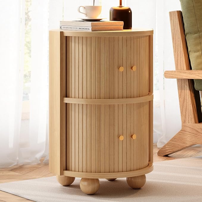 Round Nightstand with Sliding Doors and 2 Storage Shelves, Modern Bedside End Table, Suitable for the Bedroom (Oak) - Image 7