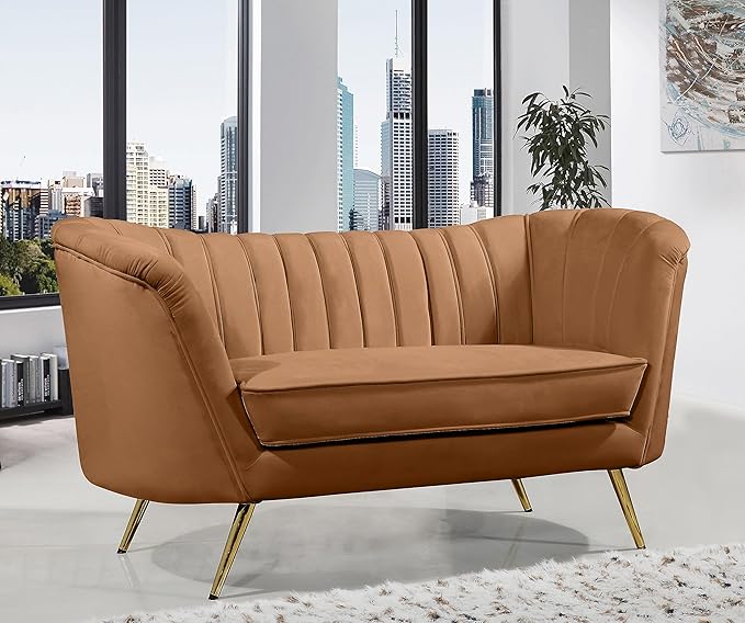 Meridian Furniture 622Saddle-L Margo Collection Modern Contemporary Velvet Upholstered Loveseat with Stainless Steel Base in a Rich Gold Finish, Saddle, 65" W x 30" D x 33" H