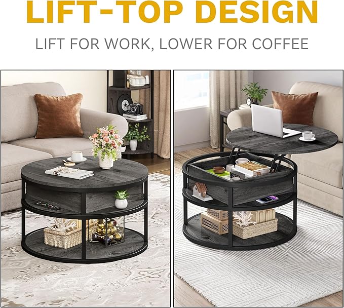 DWVO Round Coffee Tables for Living Room, Lift Top Coffee Table with Storage, Farmhouse Wood Coffee Table, Circle Small Coffee Tables Living Room for Home Decir Office, Grey