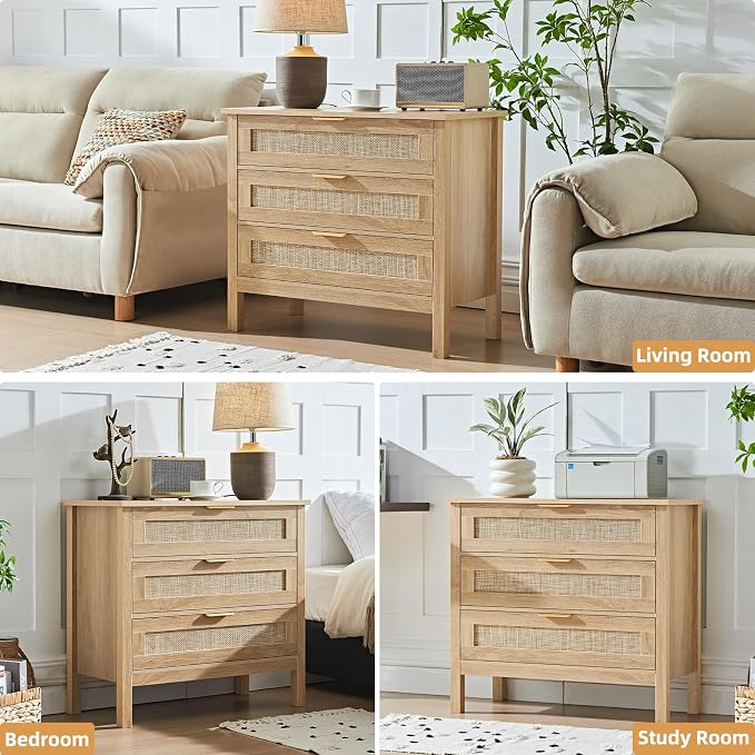 LEYAOYAO 26.8" Wide Rattan Nightstand, Large Boho 3 Drawer Night Stand, Natural Wood Bedside Table with Storage, Tall Bed Side End Tables, Chest of Drawers Dressers for Bedroom, Living Room, Hallway - Image 7