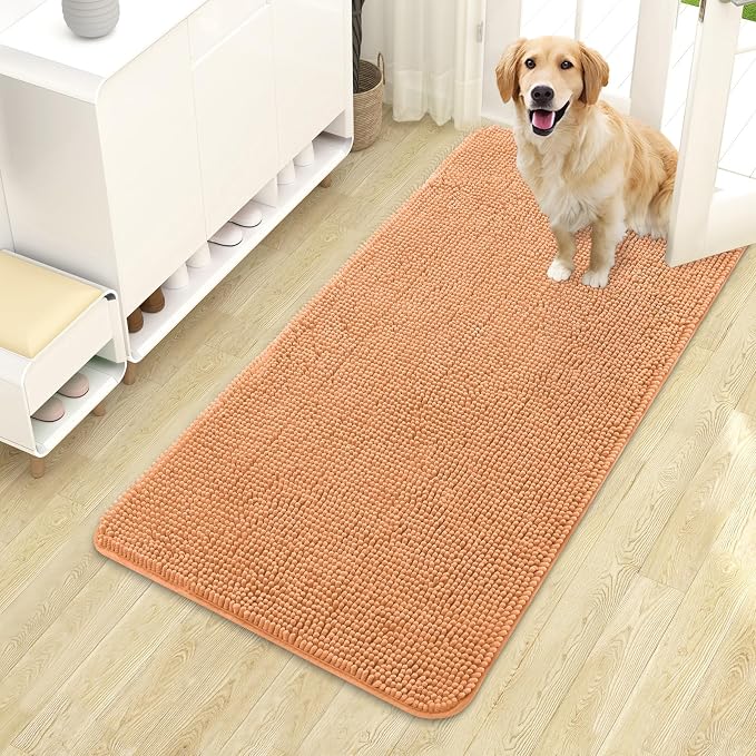 OLANLY Dog Door Mat for Muddy Paws 44x24, Absorbs Moisture and Dirt, Absorbent Non-Slip Washable Doormat, Quick Dry Chenille Mud Mat for Dogs, Entry Indoor Entryway Carpet for Inside Floor, Orange by OLANLY