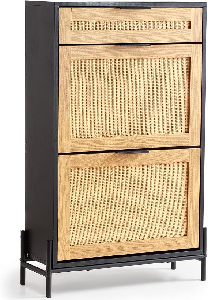 VEVOR Rattan Shoe Cabinet, Narrow Shoe Storage Organizer with 2 Flip Rattan Drawers & 1 Slide Drawer, Metal Legs, Slim Shoe Entryway Cabinet Ideal for Entryway, Closet, Hallway, Black by VEVOR