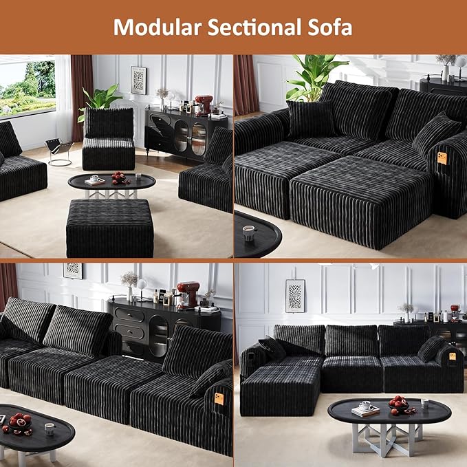 106" Boneless Couches for Living Room, Modular Sectional Sofa, L-Shape Sofa Couches,Cloud Couch Sectional, Comfy Corduroy Sofa, with Deep Seat, No Assembly Required (Black, 3 Seater + 1 Ottoman)