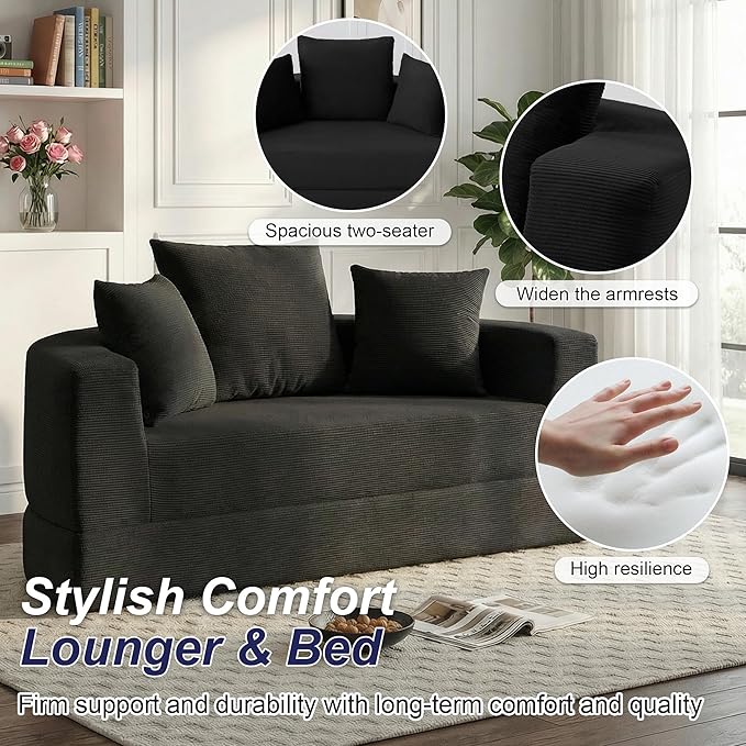 Casaphoria Modern Futon Sofa Bed,67 Inch Wide Folding Couch with Wide Armrests and Pillows,Convertible Lounger for Apartment,Guest Room,Daybed(Black)
