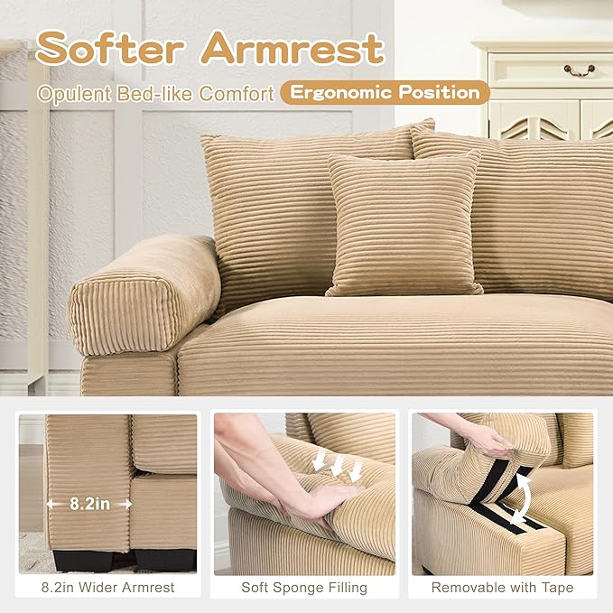KEIKI 54" Oversized Corduroy Modular Sectional Single Sofa with 1 Ottoman, High-Density Foam Cushions, Extra-Thick Armrests, Modern 1-Seater Lounge Accent Chair with 3 Pillow, for Living Room, Camel