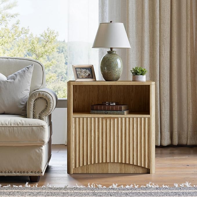 Evermagin Fluted Nightstand Set of 2, Natural Oak Bedside Table with Drawer and Storage, Wood End Table Mid Century Modern, Large Night Stand for Bedroom - Image 7