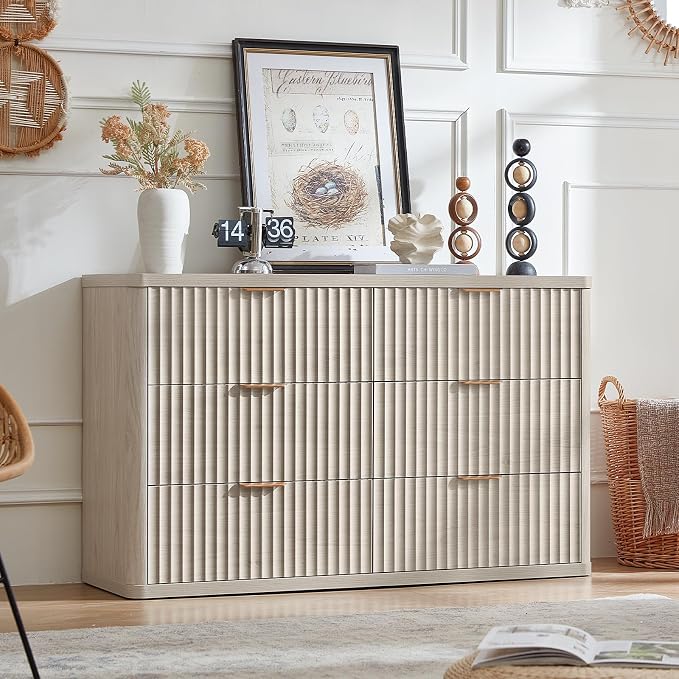 LEYAOYAO Fluted 6 Drawers Dresser Set of 2, 48" Wide Modern Chest of Drawers with Metal Handle, Light Grey Curved Profile Dresser TV Stand, Wooden Drawer Organizer for Bedroom, Living Room, Hallway - Image 8