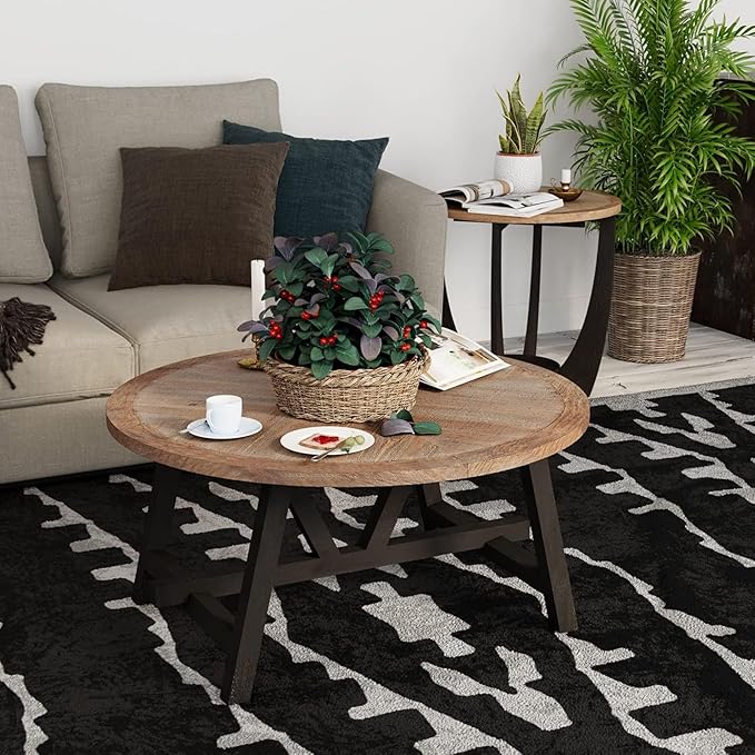 COZAYH Rustic Farmhouse End Table with Storage Shelf, French Country Modern Round Accent Side Table for Small Spaces, Wood Top & Black Base