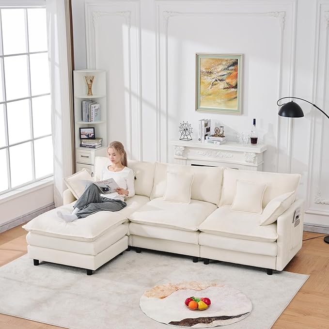 102" Modular Sectional Sofa, Premium Chenille Cloud Couch with Reversible Ottoman, L-Shaped Oversized Sofa with Side Storage Pockets for Multi-Scene Living Room & Home Office