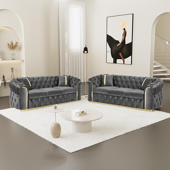 KEIKI 2-Piece Luxury Chesterfield Sofa Set with 2 Oversized Velvet 3-Seater Sofa, Upholstered Modern 6-Seater Button Tufted Couch Set with 4 Pillow, Gold Stainless Decoration, for Living Room, Gray