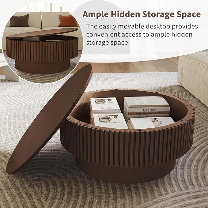 Round Coffee Table with Storage, Modern Fluted Wood Coffee Tables with Sturdy Base, 31.5" Drum Circle Center Tea Table for Living Room Apartment, Easy Assemble - Walnut