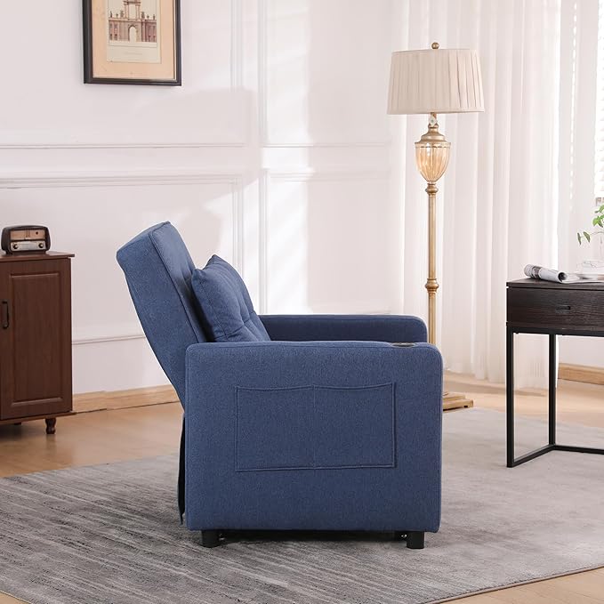 Ball & Cast 3 in 1 Sleeper Sofa Bed,Convertible Pull Out Couch with USB Ports and Side Pocket,Single Sofa Chair W/Adjustable Backrest,Futon Chaise Lounge for Living Room,Apartment,Blue,31"
