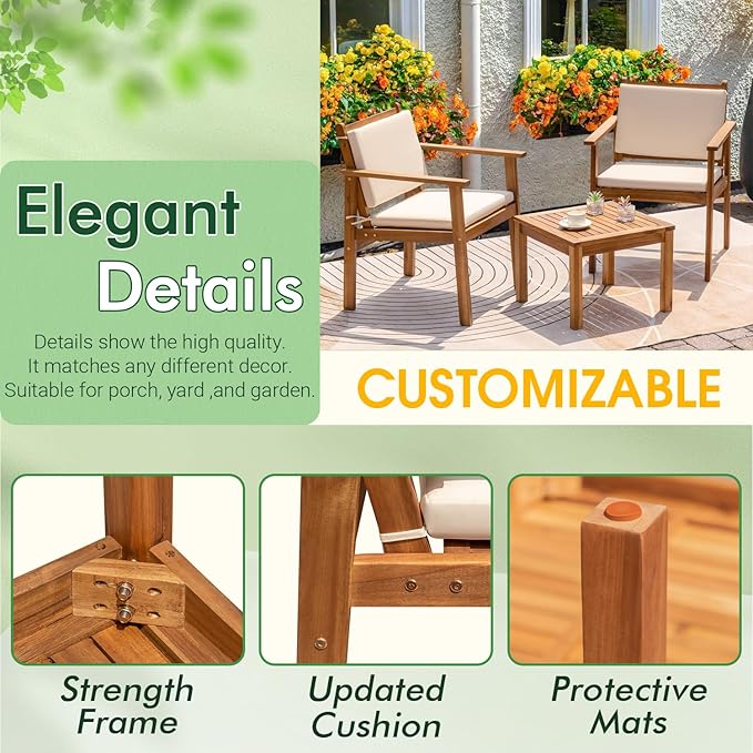 Greesum Outdoor Patio Furniture, 3 Piece Bistro Sofa Set with 1 Coffee Table and 2 Chairs, Acacia Wood Conversation Sets with Cushions, for Garden, Backyard, Poolside, White