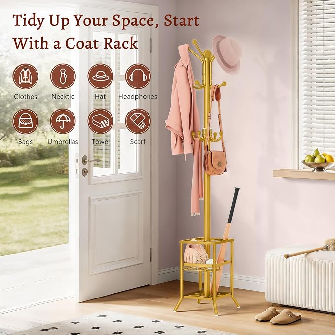 FAVOOSTY Coat Rack Freestanding,Coat Rack Stand with Umbrella Holder,Metal Coat Tree with 12 Hooks,Tree Clothes Hat for Entryway, Hallway, Bedroom, Living Room & Office -Glod - Image 2