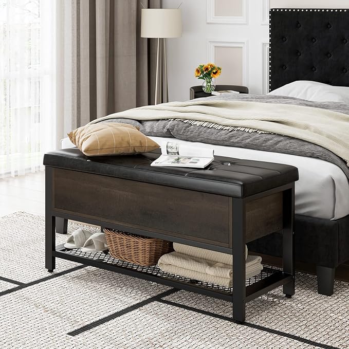 HOSTACK Storage Bench, Entryway Shoe Bench with Flip-Open Storage Box, End of Bed Ottoman Bench with Storage Shelf and Padded Seat for Bedroom, Hallway, Dark Brown - Image 5