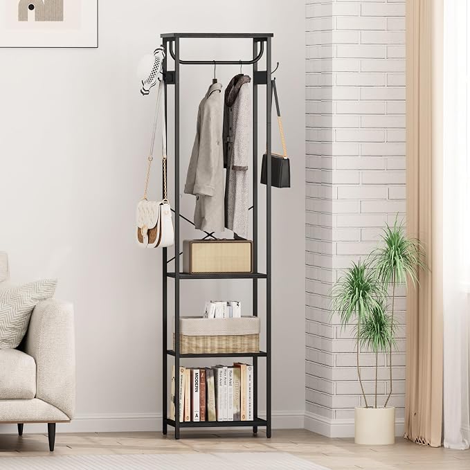 Coat Rack With Hanging Rod, Garment Rack With 3 Wooden Shelves and 4 Hooks, Freestanding Hall Tree, Industrial Clothes Rack Stand Organizer, Black - Image 4