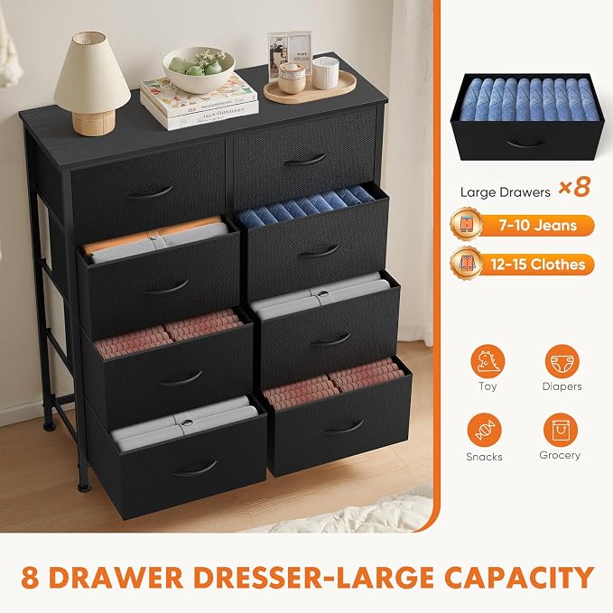 Sweetcrispy Dresser, Dresser for Bedroom Drawer Organizer Storage Drawers, Fabric Storage Tower with 8 Drawers, Chest of Drawers with Steel Frame, Wood Top for Living Room, Closet,Ink - Image 6
