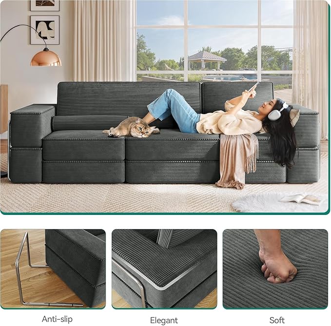 YITAHOME Convertible Cloud Sectional Couch, Comfy Corduroy Sectional Sofa with Deep Seat & High Pillows, Modern Easy-Clean Modular Sectional Sofa for Living Room Bedroom, Gray