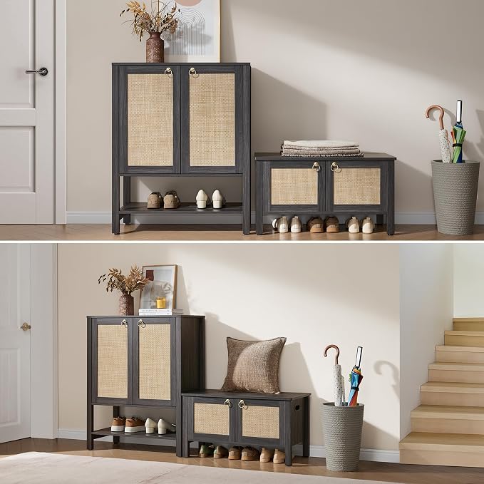 SICOTAS Rattan Shoe Storage Cabinet - 5 Tier Farmhouse Boho Shoe Storage Organizer Cabinet with Doors and Shelves, Tall Shoe Rack for Entryway, Hallway, Living Room, Closet (Obsidian) - Image 4