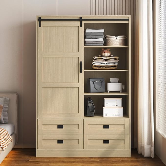 Wardrobe Closet with Sliding Barn Door, Tall Wooden Bedroom Armoire Wardrobe Closet Storage Cabinet with 4 Drawers, Adjustable Shelves and Hanging Rod, Clothes Cabinet for Bedroom, Wood