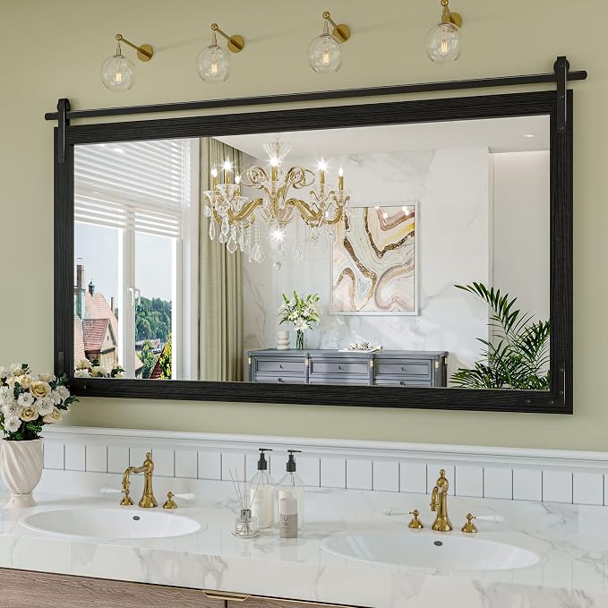 Farmhouse Bathroom Mirror, 60x36 Inch Black Vanity Mirror for Wall, Wood Framed Rustic Mirror Rectangular Wall Decor Mirrors for Entryway Living Room Bedroom by JIINGYO