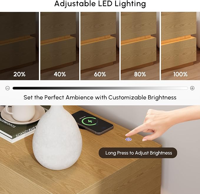 homary Smart Nightstand Set of 2 with Wireless Charging Station, USB & Type-C Ports, LED Light, 2 Drawers – Modern Natural Bedside Table for Bedroom Storage - Image 4