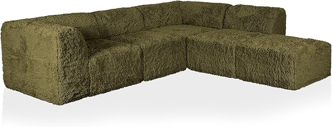 Furniture of America Havyn Modern Faux Fur 5-Seater L-Shaped Modular Foam Sectional Sofa with Ottoman, Compressed Couch in a Box, No Assembly Required, for Living Room and Office, Olive Green