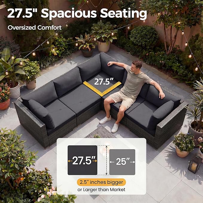 NICESOUL 9 Piece Modern Oversized Outdoor Patio Furniture Set with Firepit Table Propane/Natural Gas, 29.3'' High Back Deep Wide Conversation, Luxury 8 Seats Modular Sectional for Backyard, Gray