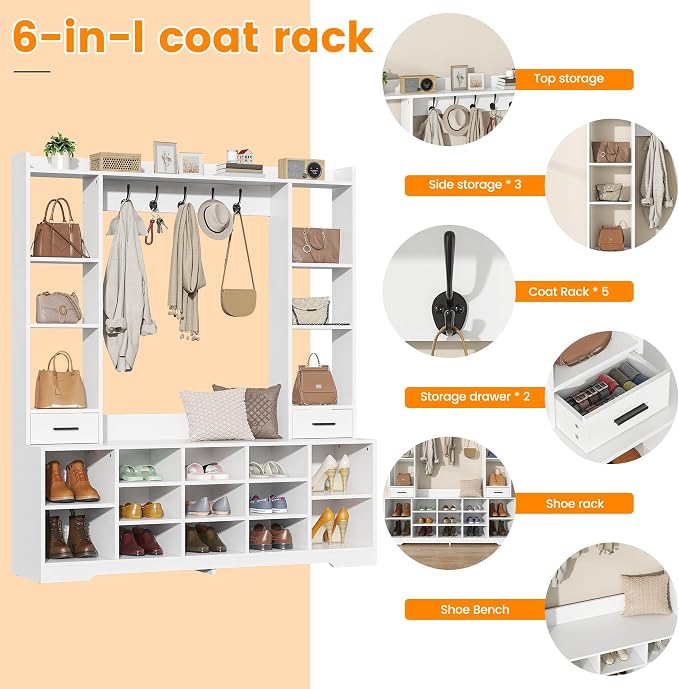 Semoic Farmhouse Hall Tree with 2 Independent Drawers,6-in-1 Entryway Bench with Coat Rack Adjustable Shoe Storage for Foyer/Hallway,White - Image 7