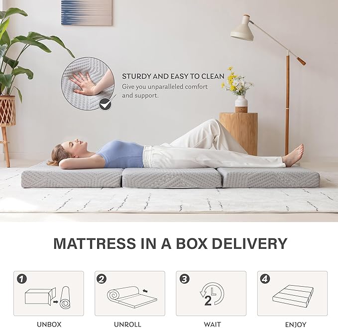 MLILY Tri-Fold Memory Foam Mattress Topper, 4 inch King Folding Mattress with Collapsible and Washable Cover, Travel and Guest Mat, 80"×76"×4", Grey