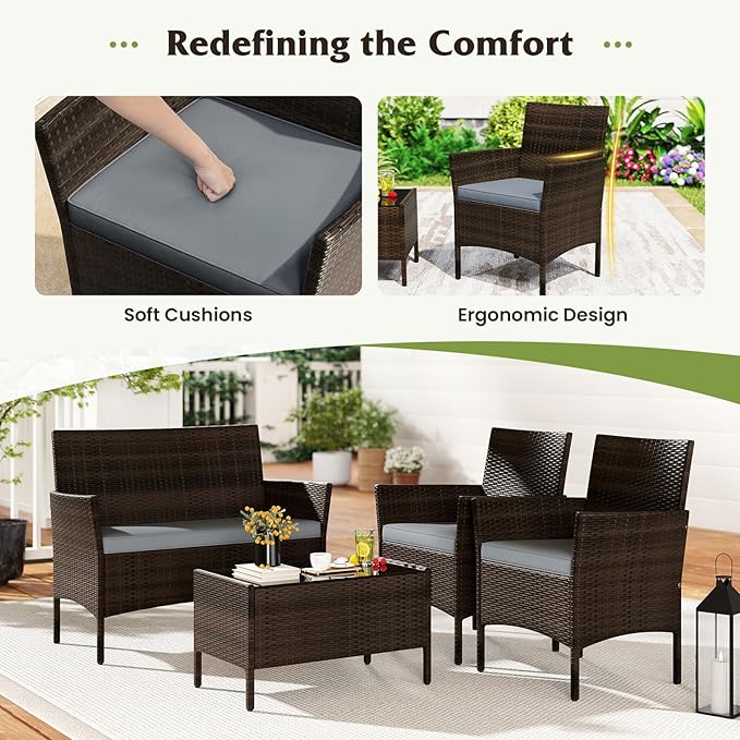 S AFSTAR 4 Pieces Patio Rattan Conversation Set, Patio PE Outdoor Set w/Tempered Glass Coffee Table, Loveseat & Chairs, Zippered Gray Cushions, Wicker Patio Sofa Set for Backyard, Garden & Poolside