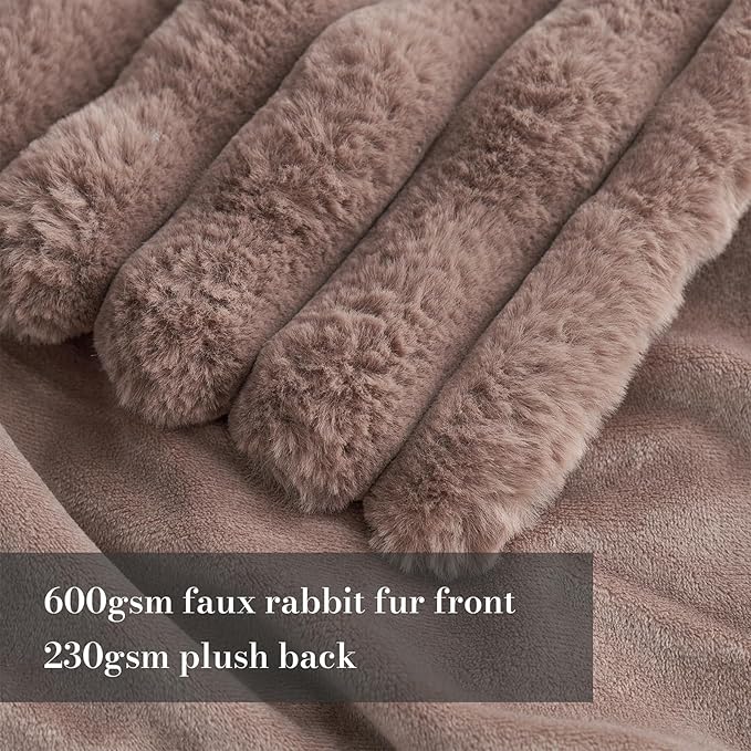 Amélie Home Faux Fur Throw Blanket for Couch, Cozy Fuzzy Fluffy Fur Luxurious Soft Striped Plush Gift Blankets for Family Sofa Chair Bedroom, 55"x70", Light Coffee