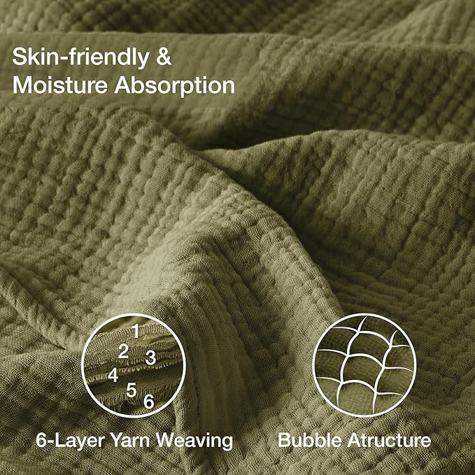 100% Cotton Muslin Blanket 50" x 60", Breathable and Lightweight Cotton Throw Blankets for Couch, Soft Cooling Summer Gauze Blanket for Adults All Season, Olive Green