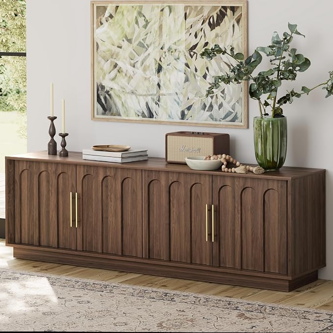 FORTUNETEC TV Stand for 75 Inch TV, Mid Century Modern TV Stand with Arched Design, Wood Grain Finish, Media Console with Adjustable Shelves, 67" Entertainment Center for Living Room Bedroom, Walnut by FORTUNETEC