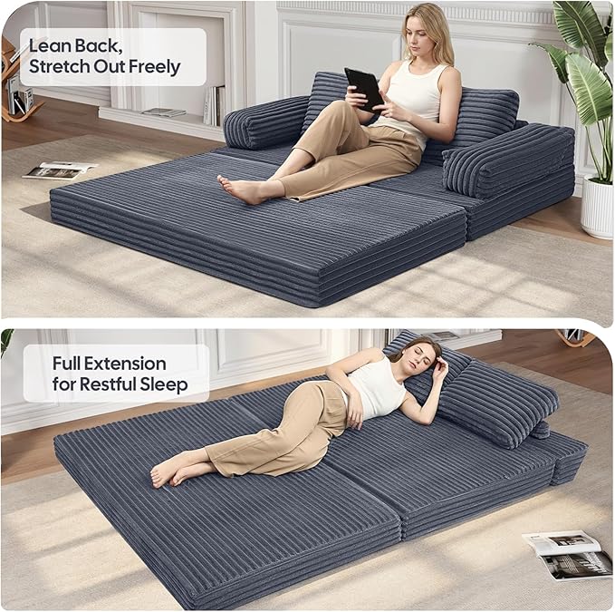 MeMoreCool Convertible Sofa Bed, Folding Floor Couch Bed Queen, Pull Out Sleeper Couch with Pillows, Fold Out Futon Sofa for Bedroom Living Room Small Space, Corduroy Grey
