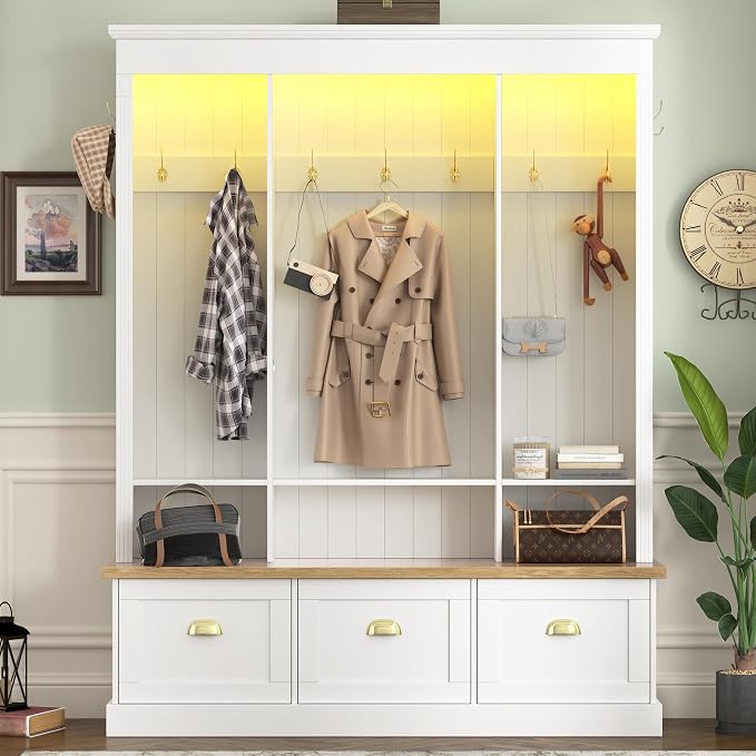 LUMISOL Hall Tree with Storage Bench and Shoe Storage, Coat Rack with Shelves and 9 Hooks, LED Light Entryway Bench with 3 Large Cabinets, for Entrance Mudroom Living Room, White by LUMISOL