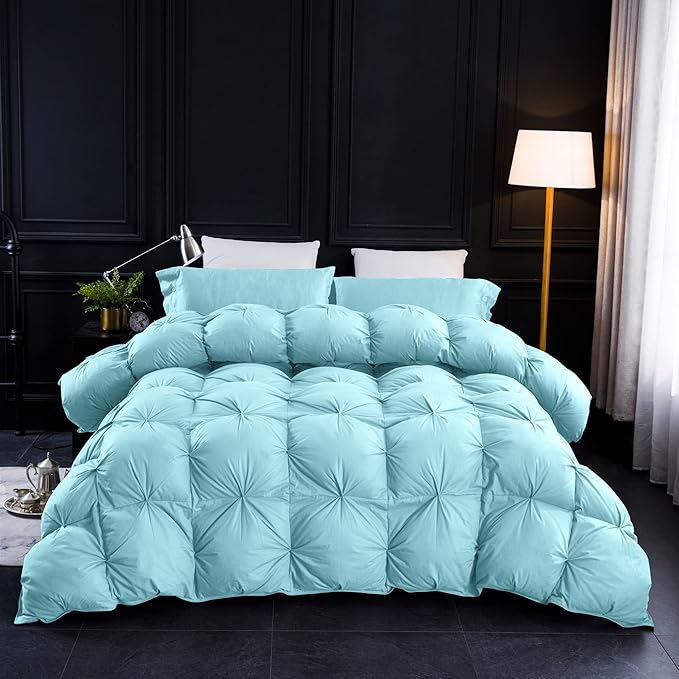 Three Geese Pinch Pleat Waterfowl Feathers and Down Comforter Twin Size Duvet Insert,750+ Fill Power,1200TC 100% Cotton, Premium All Seasons Aqua-Sky Warm Hotel Comforter with 8 Tabs.