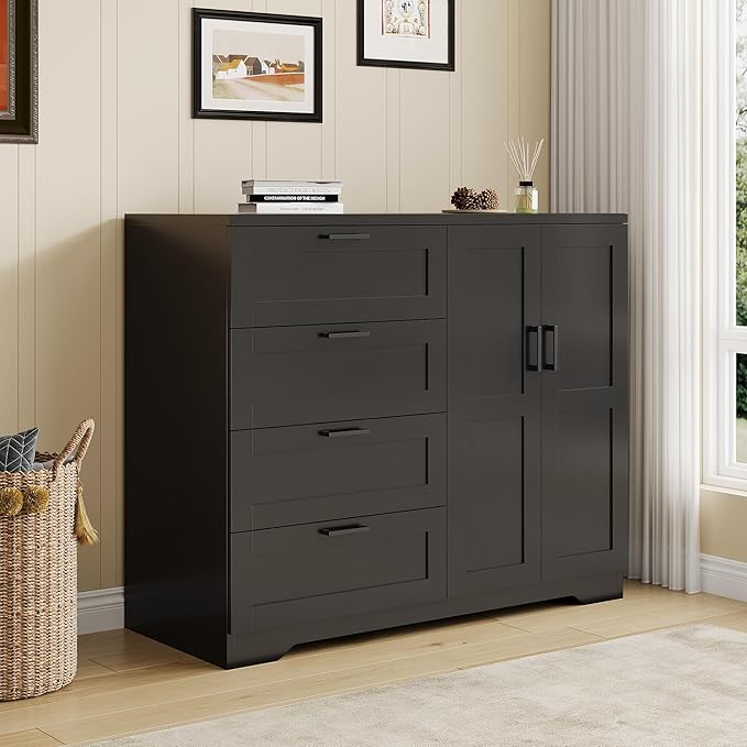 IDEALHOUSE 43.3'' H Armoire Wardrobe Closet with 4 Drawers and 2 Doors, Hanging Rod, Multifunctional Wooden Dresser with Storage Closet, Bathroom Cabinet for Bedroom, Black