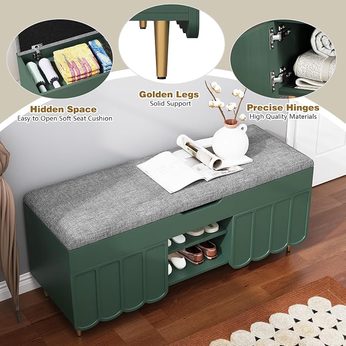 3More 40" Entryway Shoe Storage Bench,Upholstered Hidden Space Beneath Seat Cushion Bench,2-Tier Unique Geometric Shape with Wood Grain,Green - Image 8