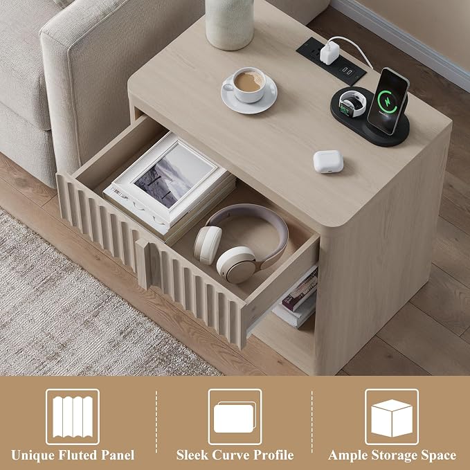 Fluted Nightstand Set of 2 with Charging Station, 23.6" Wood End Table with Solid Wood Handle, Curved Profile Design, Mid Century Moden Bedside Table for Bedroom, White Alder - Image 6