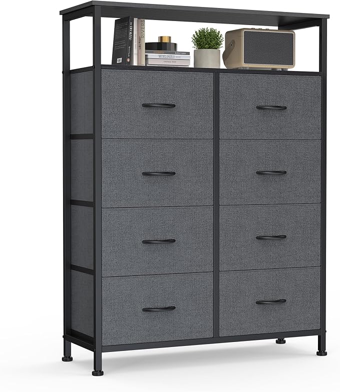 DUMOS Fabric Dresser for Bedroom with 8 Drawers, Tall 8-Drawer Chest of Drawers with Raised Shelf, Storage Tower with Fabric Bins for Closet Organization, Hallway Storage, Grey by DumosLifestyle