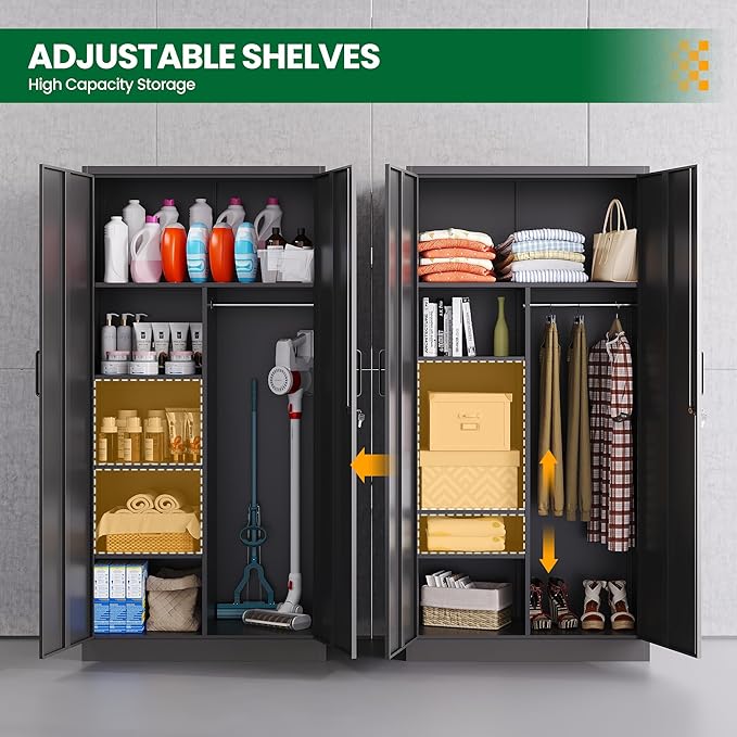 Metal Armoire Wardrobe Closet,72" Metal Storage Cabinet with Lock, 18" D x 36" W Broom Closet with Adjustable Shelves and Hanging Rods, Steel Wardrobe for Home,Bedroom,Office,Employee