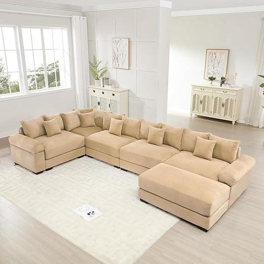 KEIKI 146" U-Shaped Oversized Corduroy Modular Cloud Sectional Sofa with 1 Ottoman, High-Density Foam Cushion, Extra-Thick Armrest, 5-Seater Fluffy Corner Couch with 18 Pillow, for Living Room, Camel