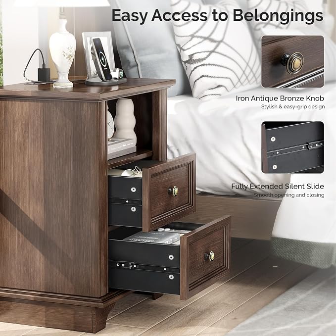 VINGLI 19.7" Nightstands Set of 2, Night Stands with Charging Station, Nightstand with Drawers, Wood Nightstand Bedroom, Bed Side Table, End Table, Night Stand with Charger Station, Brown - Image 6