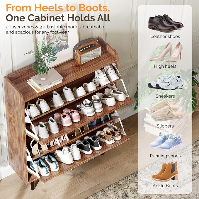 VINGLI Shoe Storage Cabinet for Entryway with 2 Flip Drawers, Ultra Slim Freestanding Entryway Shoe Organizer with Wood Tapered Legs,Hidden Closed Shoe Rack,31.6" W * 9.4" D * 39.4" H, Walnut - Image 3