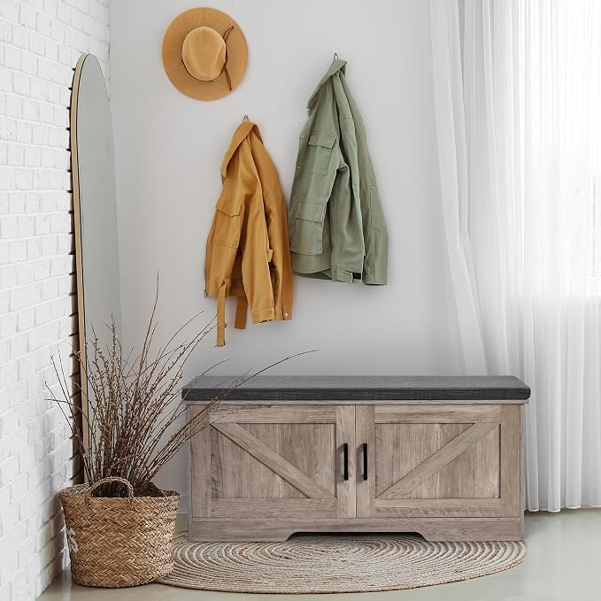 HOMSHO 2-Tier Storage Bench, 39.4" Wide Shoe Bench with Padded Seat Cushion, Entryway Bench with 2 Barn Doors and Adjustable Shelf, Greige - Image 7