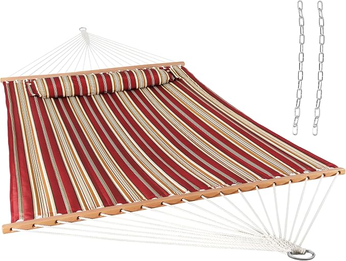 Sunnydaze Quilted Double Hammock for Outside with Spreader Bars and Pillow - 450 lb Capacity, 74x55 Inch Bed, UV Resistant, Quick Dry - Chains Included, Stand Sold Separately - Red Stripe by SunnydazeDecor